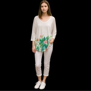 Tommy Bahama L White Pink Floral Linen 3/4 Sleeve Relaxed Tee